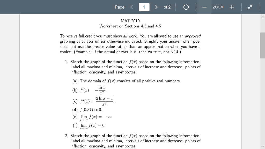 Solved Page of 2 ZOOM+ MAT 2010 Worksheet on Sections 4.3 | Chegg.com