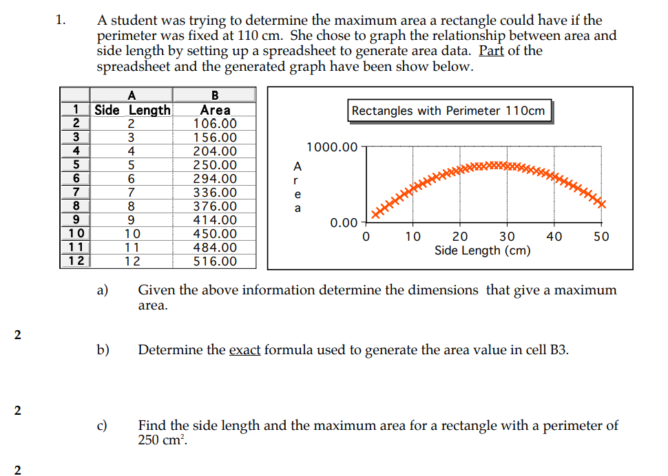 A student was trying to determine the maximum area a rectangle could have if the perimeter was fixed at \( 110 \mathrm{~cm} \