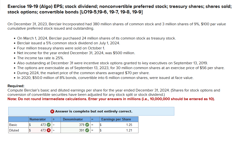 Solved Exercise 19-19 (Algo) EPS; Stock Dividend; | Chegg.com