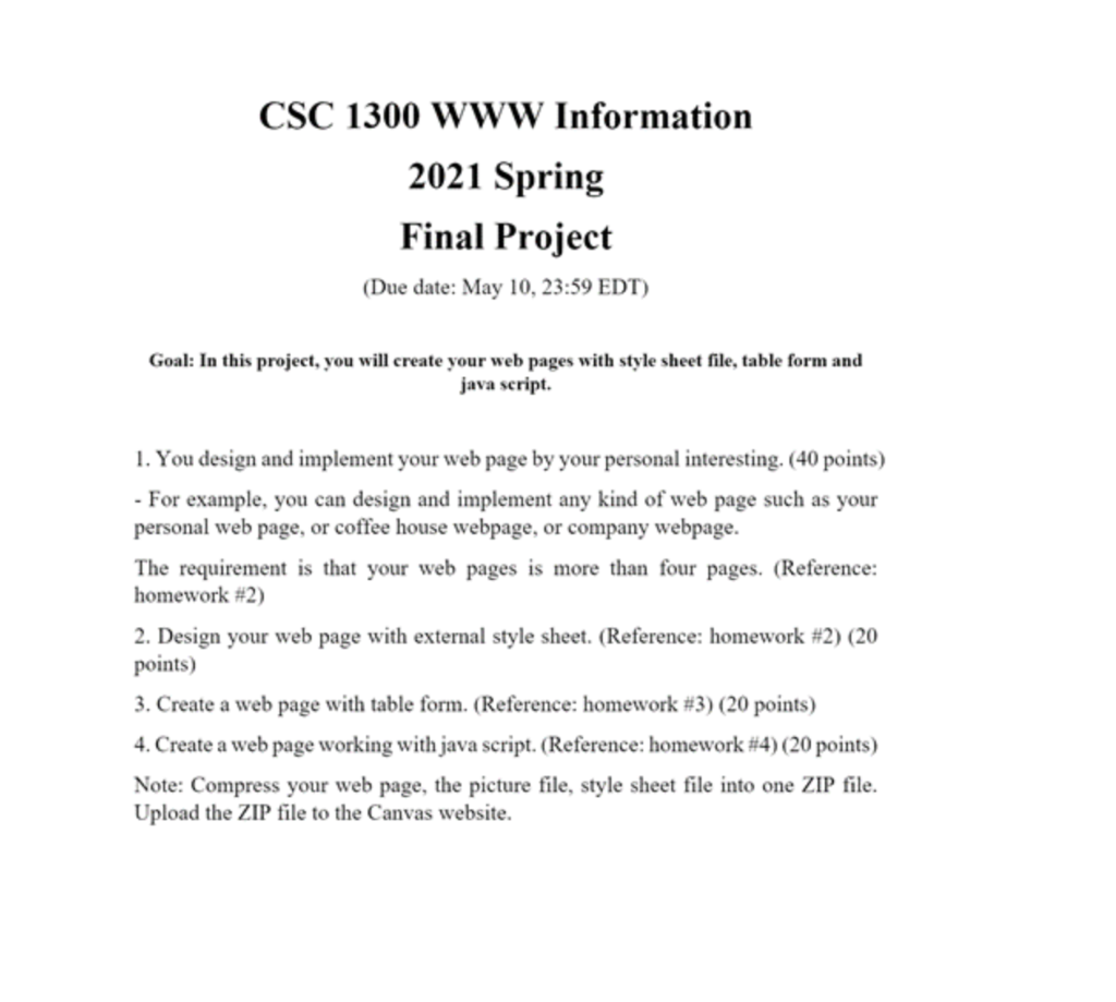 Solved CSC 1300 WWW Information 2021 Spring Final Project | Chegg.com