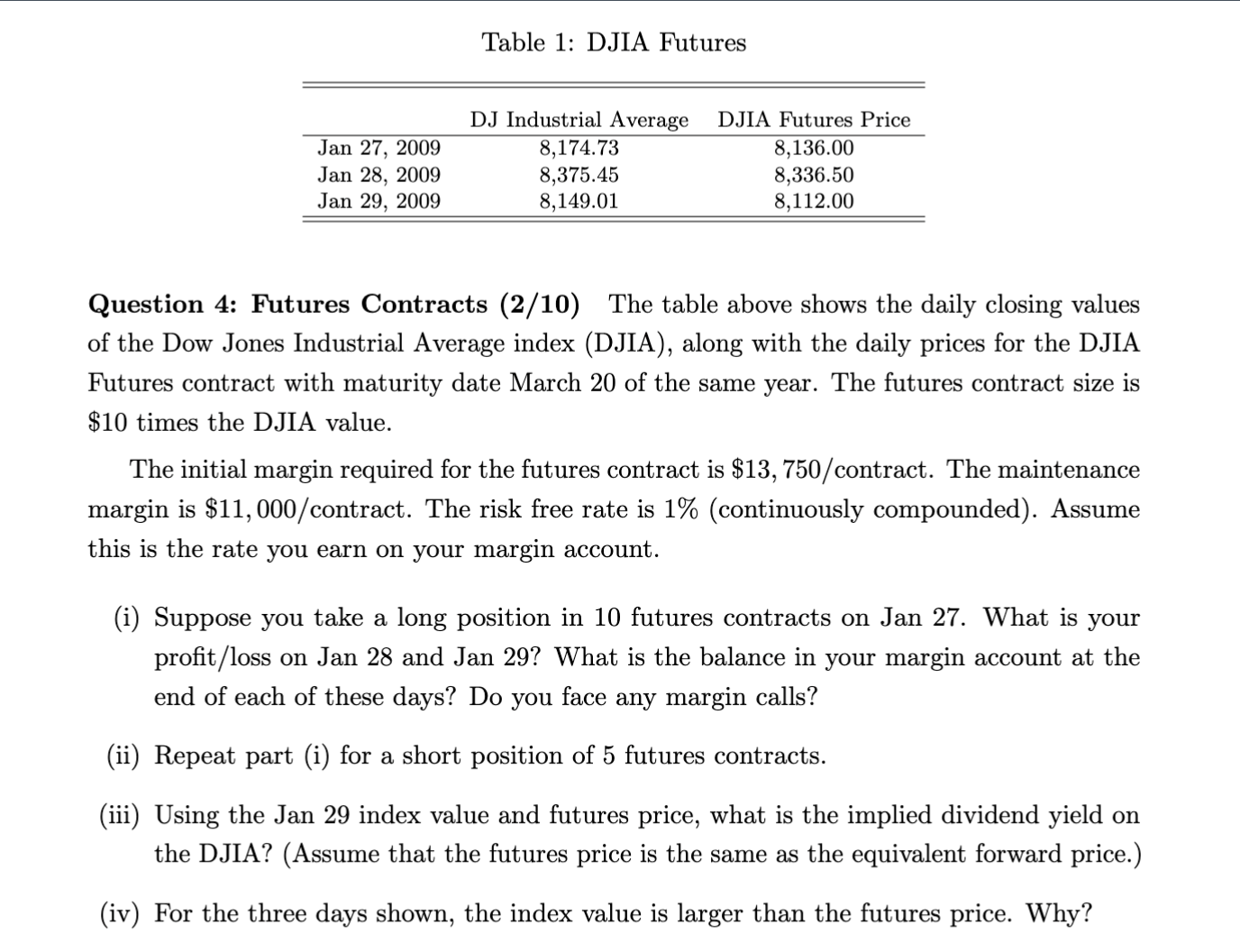 Solved Table 1 DJIA Futures Question 4 Futures Contracts