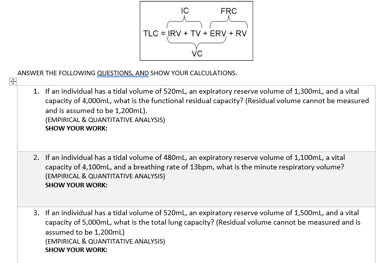 Solved IC FRC TLC = IRV + TV + ERV + RV VC ANSWER THE
