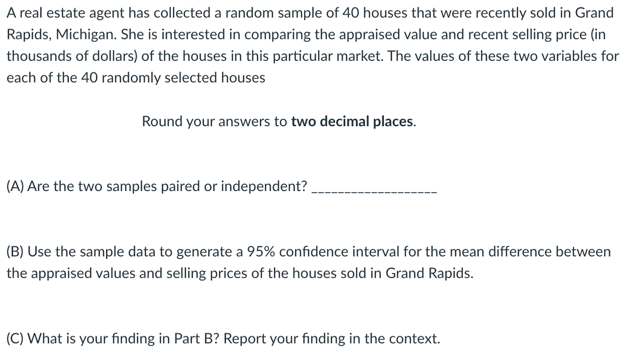 Solved A real estate agent has collected a random sample of | Chegg.com