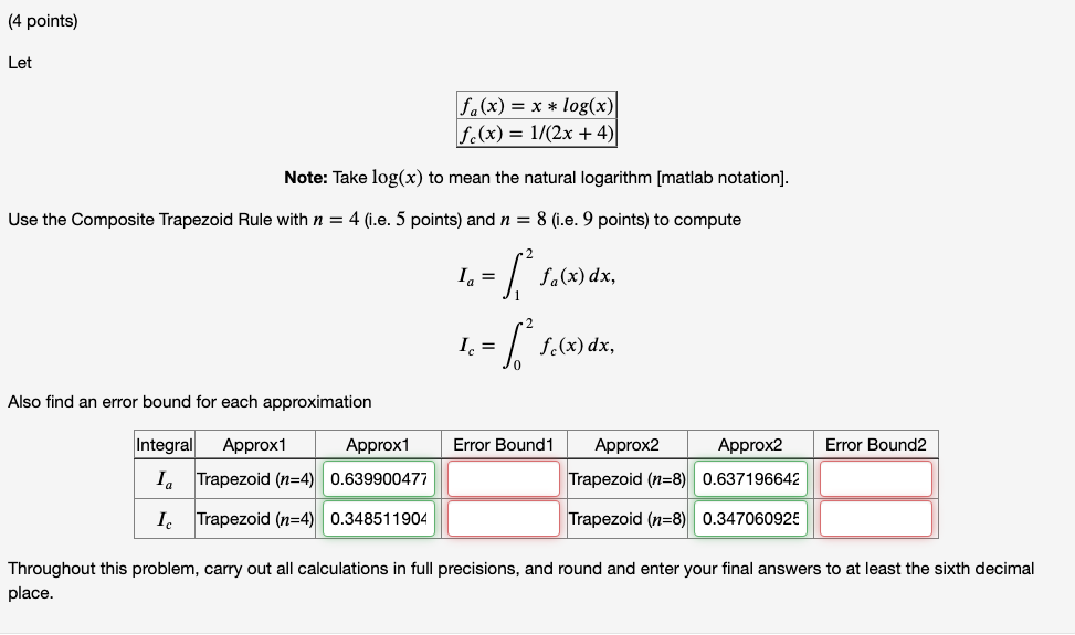 Solved 4 points let f x x log x f x 1 2x 4 chegg