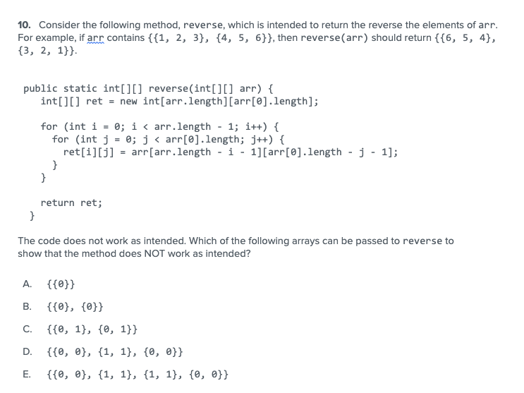 Solved 10. Consider the following method, reverse, which is | Chegg.com