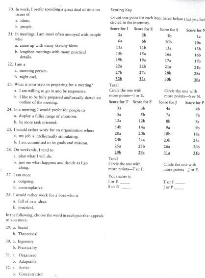 20. In work, I prefer spending a great deal of time on
issues of
a. ideas.
b. people.
21. In meetings, I am most often annoye