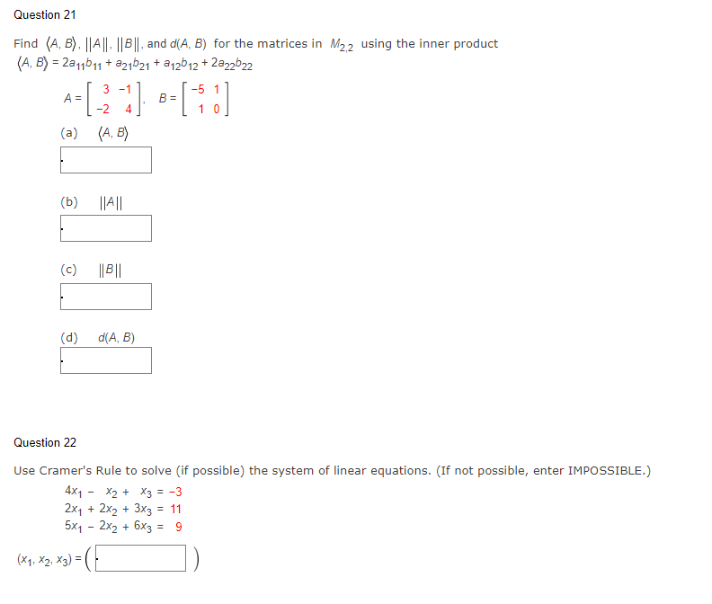 Solved Question 21\\nFind (:A,B:),||A||,||B||, And D(A,B) | Chegg.com