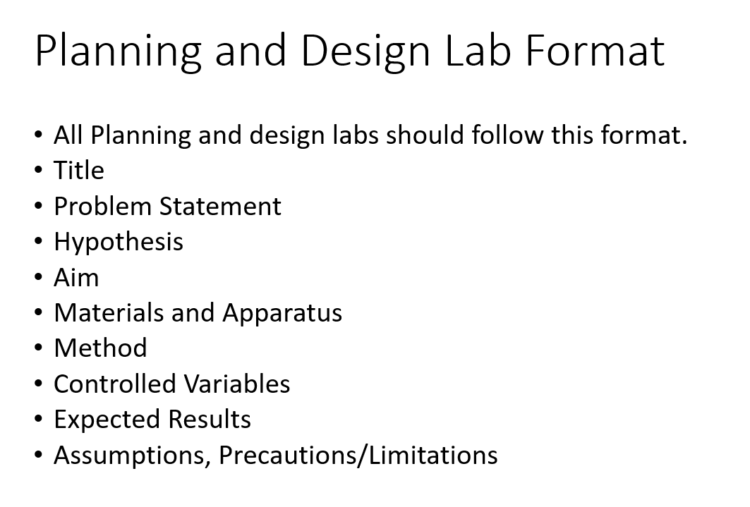 Planning and Design Lab Format
- All Planning and design labs should follow this format.
- Title
- Problem Statement
- Hypoth