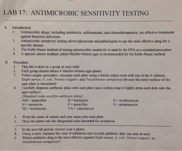 Solved LAB 17: ANTIMICROBIC SENSITIVITY TESTING A. | Chegg.com