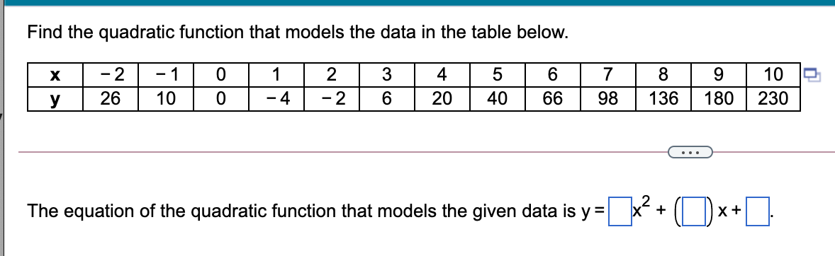 Solved Find the quadratic function that models the data in | Chegg.com