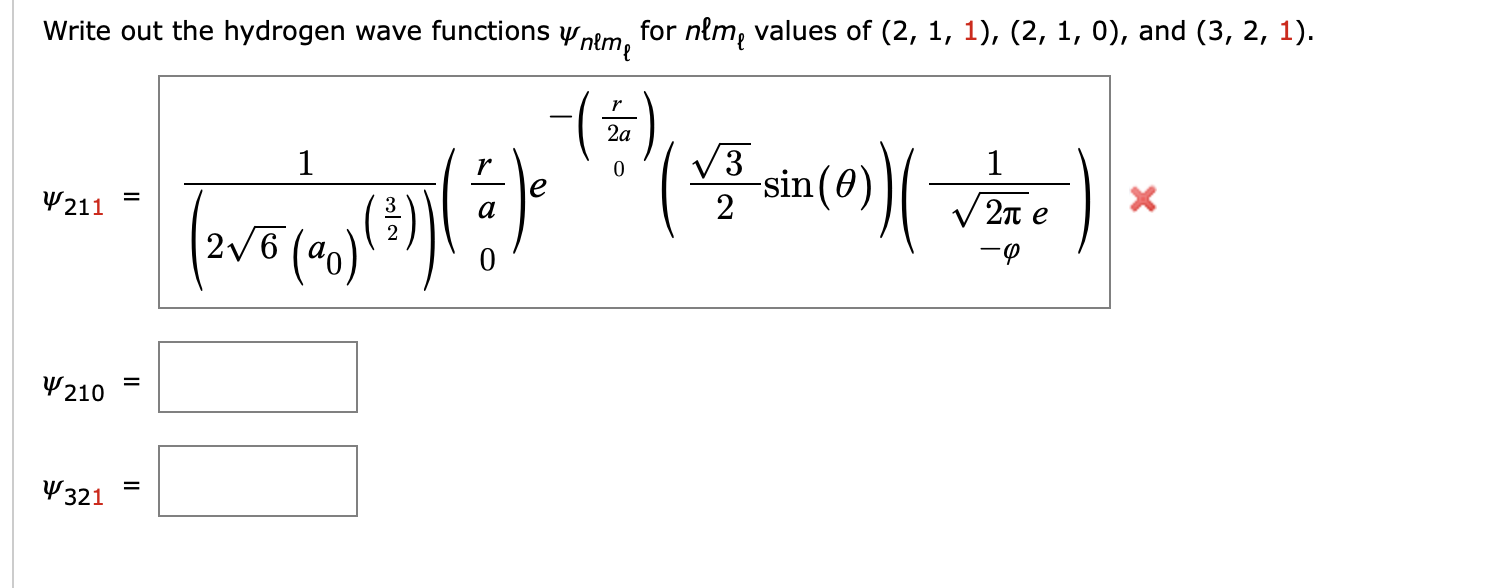Write out the hydrogen wave functions ψnlml ﻿for nlml | Chegg.com