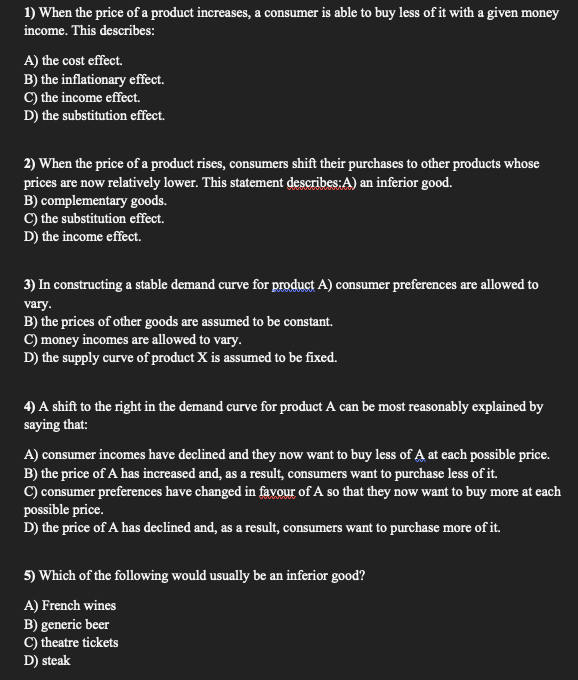 Solved 1) When the price of a product increases, a consumer