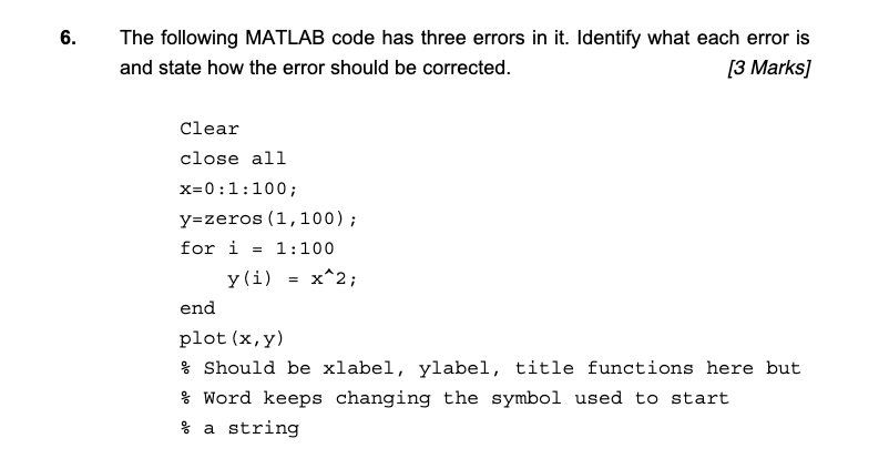 Solved 6. The following MATLAB code has three errors in it. | Chegg.com