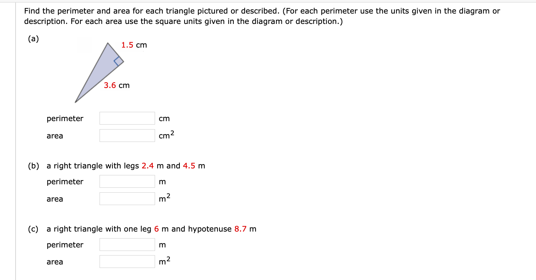 Solved Find the perimeter and area for each triangle | Chegg.com
