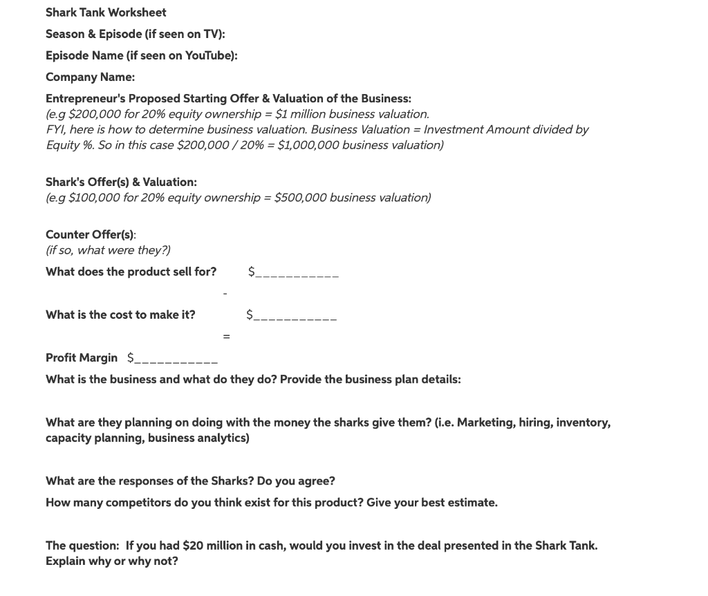 Solved Shark Tank Worksheet Season & Episode (if seen on