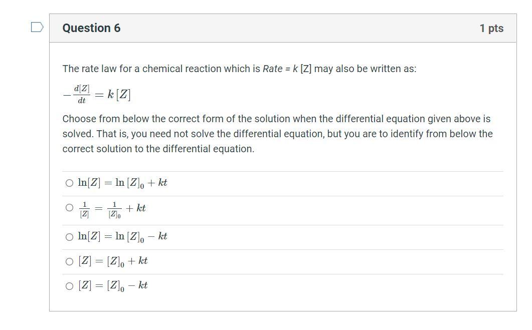 Solved D Question 6 1 pts The rate law for a chemical | Chegg.com