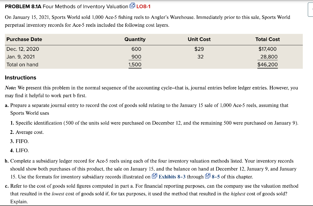 Solved PROBLEM 8.1A Four Methods Of Inventory Valuation 비 | Chegg.com