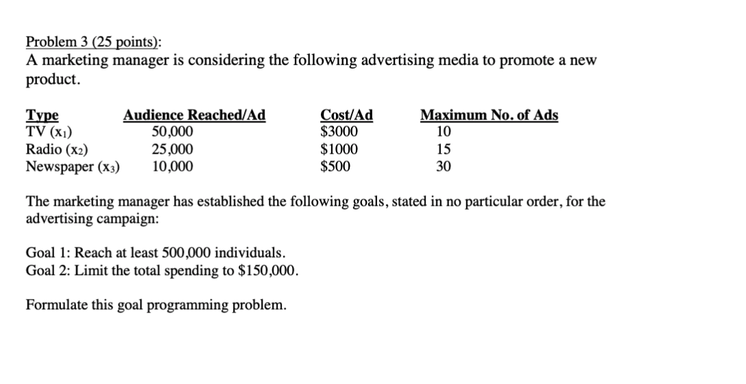 Solved Problem 3 25 Points A Marketing Manager Is Cons Chegg Com