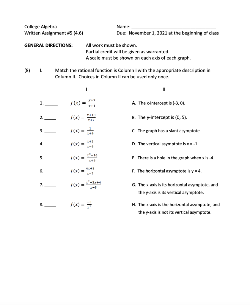 Solved College Algebra Name: Written Assignment \#5 (4.6) | Chegg.com