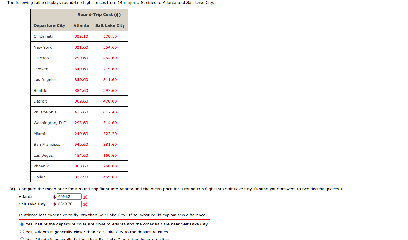 Solved a) Compute the mean price for a round-trip flight | Chegg.com