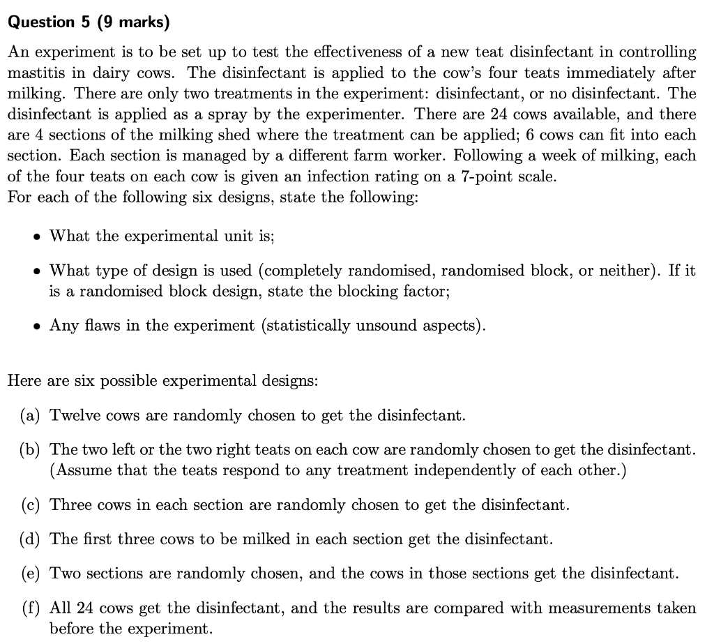 Solved Question 5 (9 marks) An experiment is to be set up to | Chegg.com
