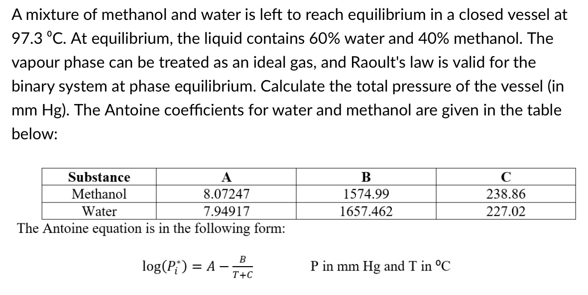 Solved A mixture of methanol and water is left to reach | Chegg.com