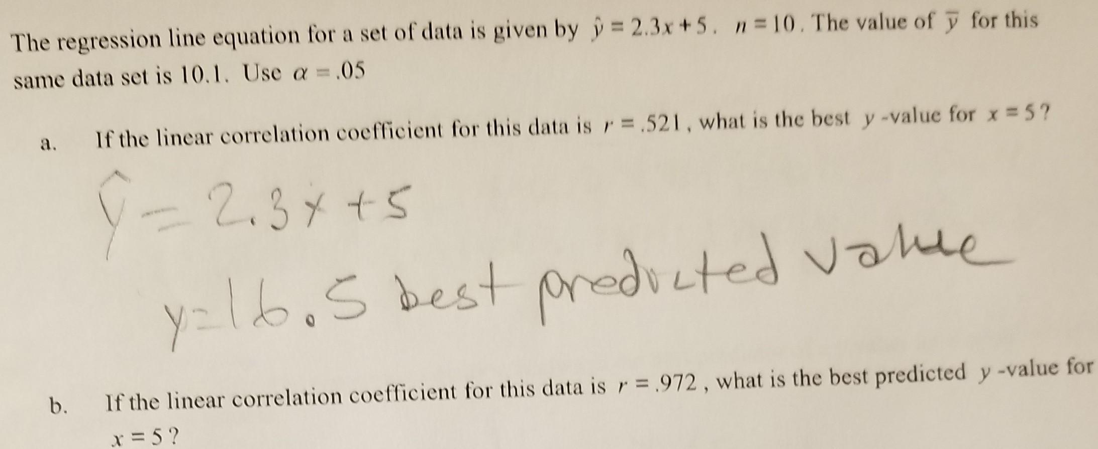 Solved The regression line equation for a set of data is | Chegg.com