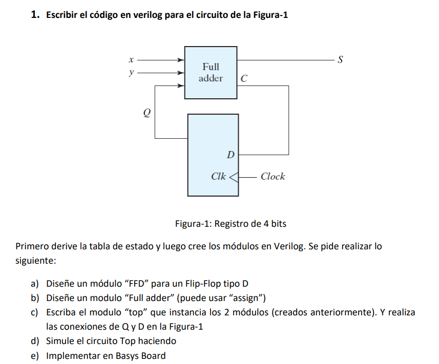 1. Escribir el código en verilog para el circuito de la Figura-1 Figura-1: Registro de 4 bits Primero derive la tabla de esta