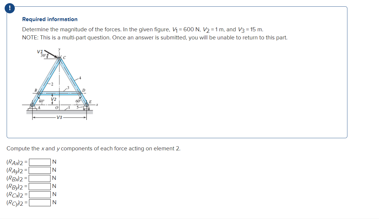 Required information
Determine the magnitude of the forces. In the given figure, \( V_{1}=600 \mathrm{~N}, V_{2}=1 \mathrm{~m