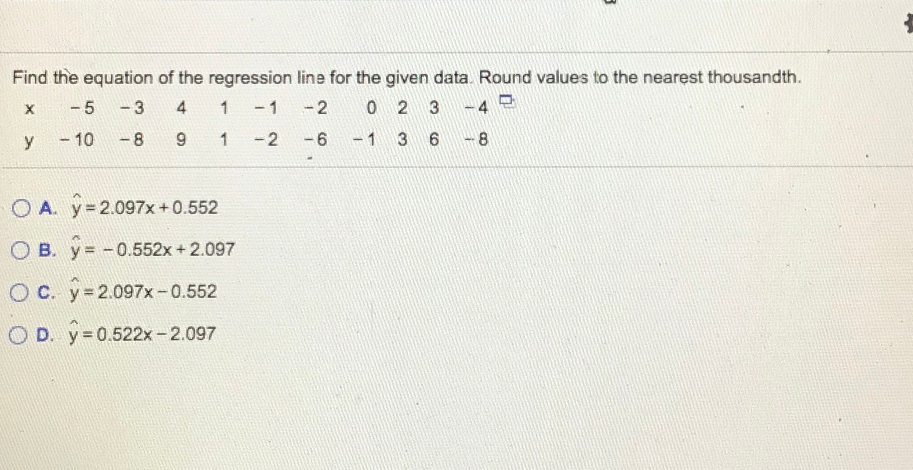 Solved Find the equation of the regression line for the | Chegg.com