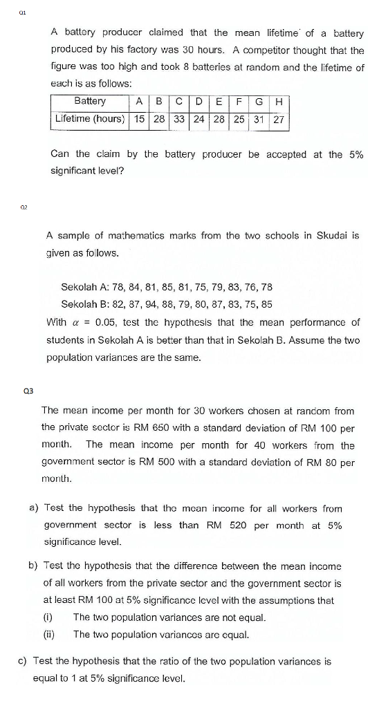 Solved 01 A Battery Producer Claimed That The Mean Lifetime Chegg