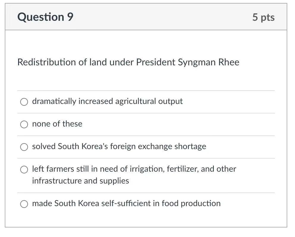 Solved Question 9 5 pts Redistribution of land under | Chegg.com