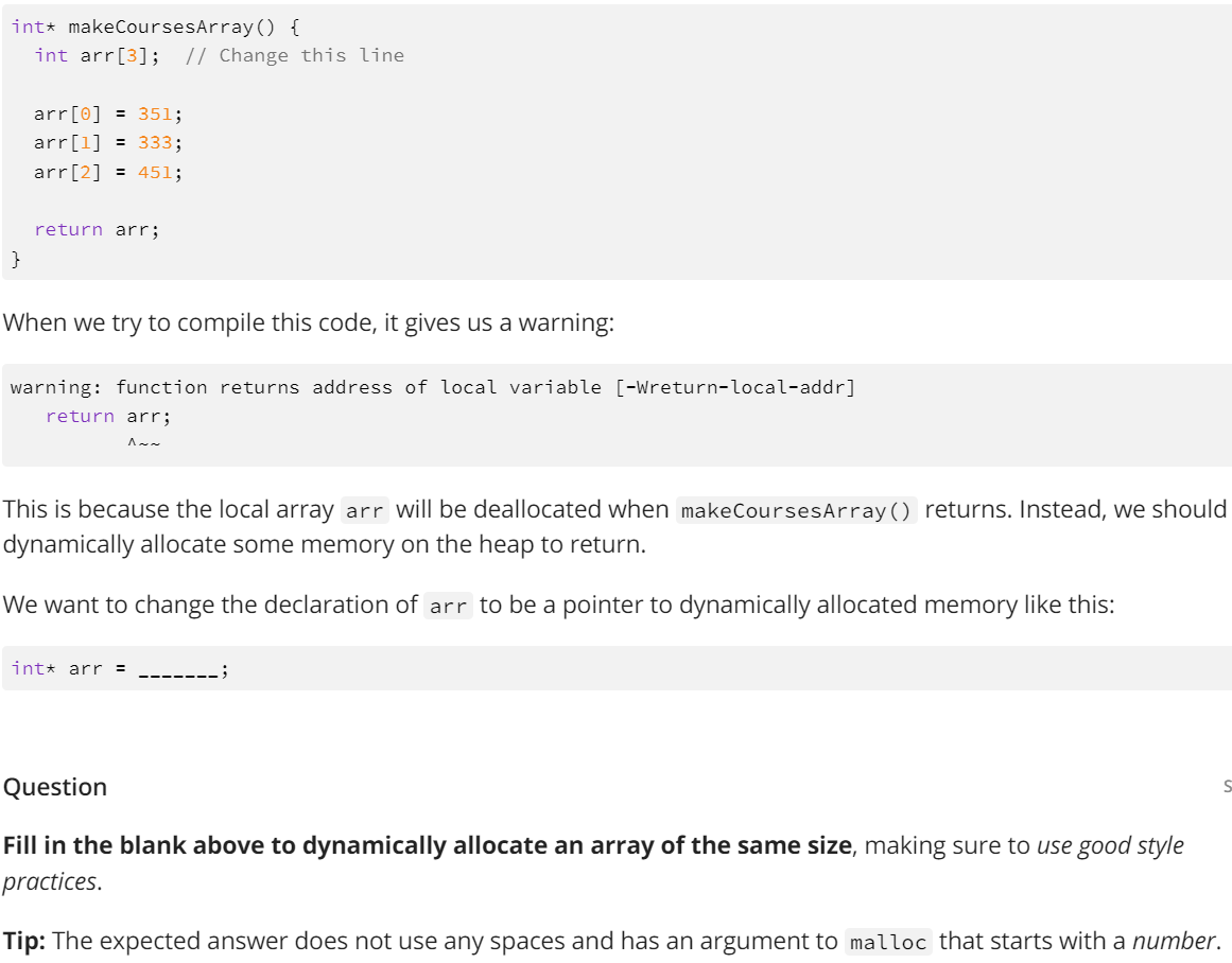 Solved int* makeCoursesArray() { int arr[3]; // Change this | Chegg.com