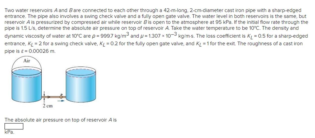 Solved Two Water Reservoirs A And B Are Connected To Each | Chegg.com