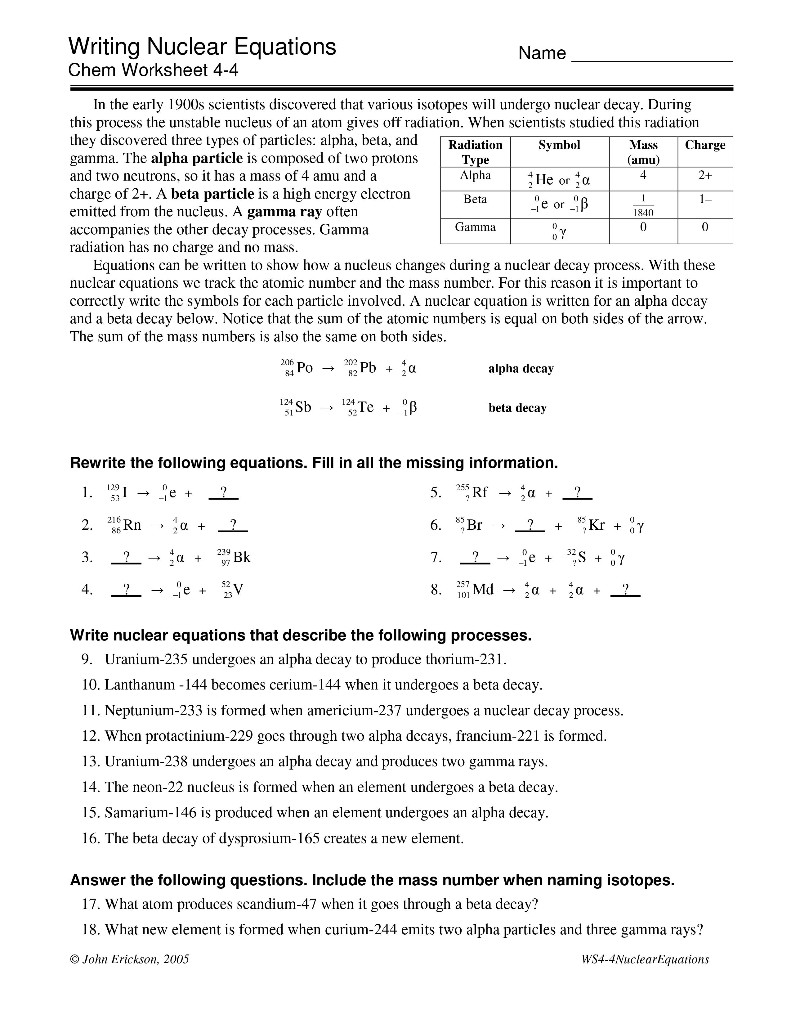 Solved Writing Nuclear Equations Chem Worksheet 20-20 Name  Chegg.com Throughout Nuclear Decay Worksheet Answer Key