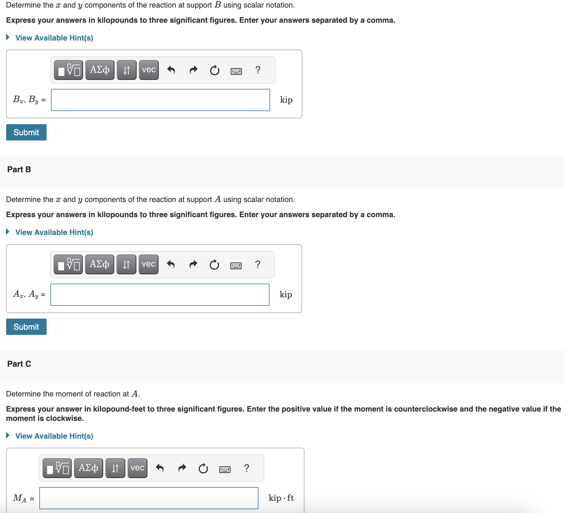 Solved Determine the x and y components of the reaction at | Chegg.com