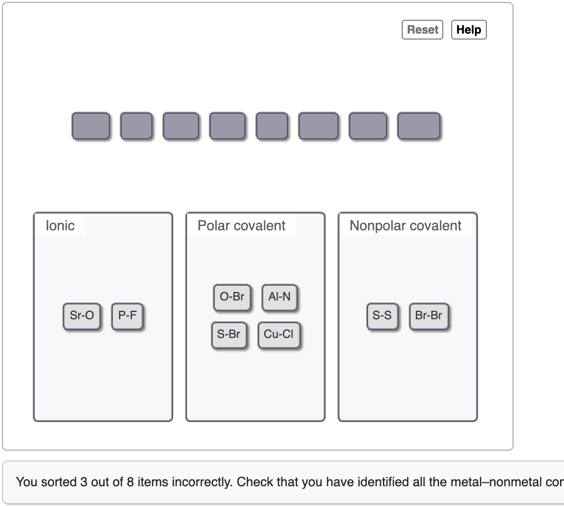 Solved Reset Help Lonic Polar Covalent Nonpolar Chegg Com