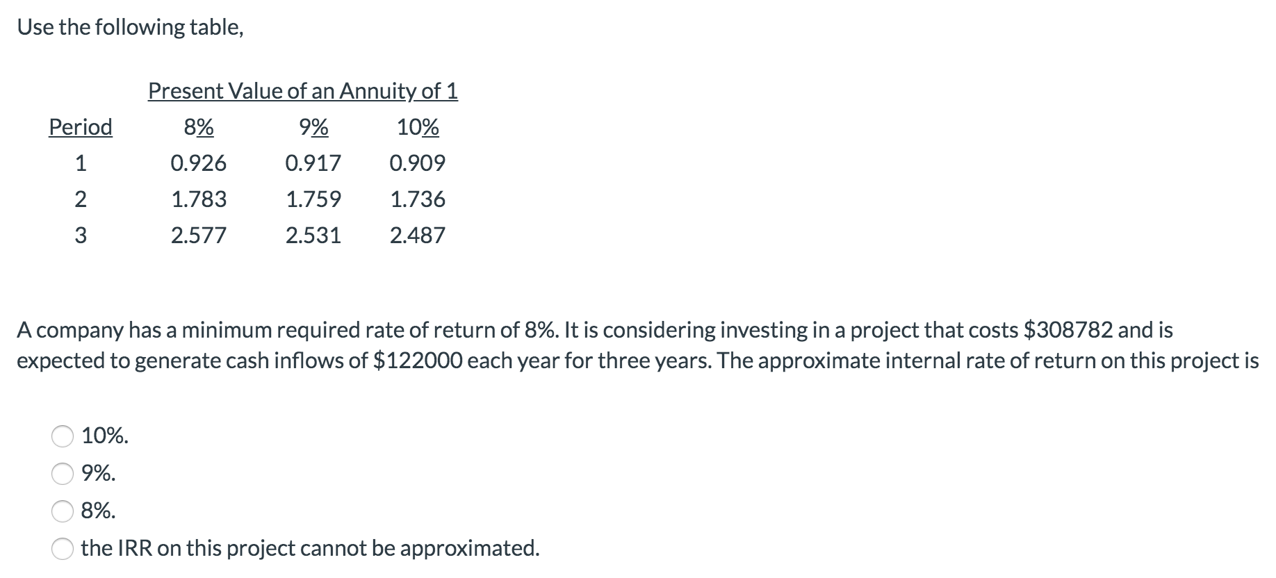 Solved Present Value of an Annuity of 1 9% Periods 8% 10% | Chegg.com