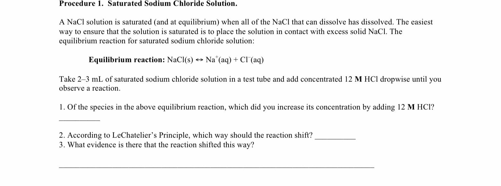 Solved Procedure 1 Saturated Sodium Chloride Solution A