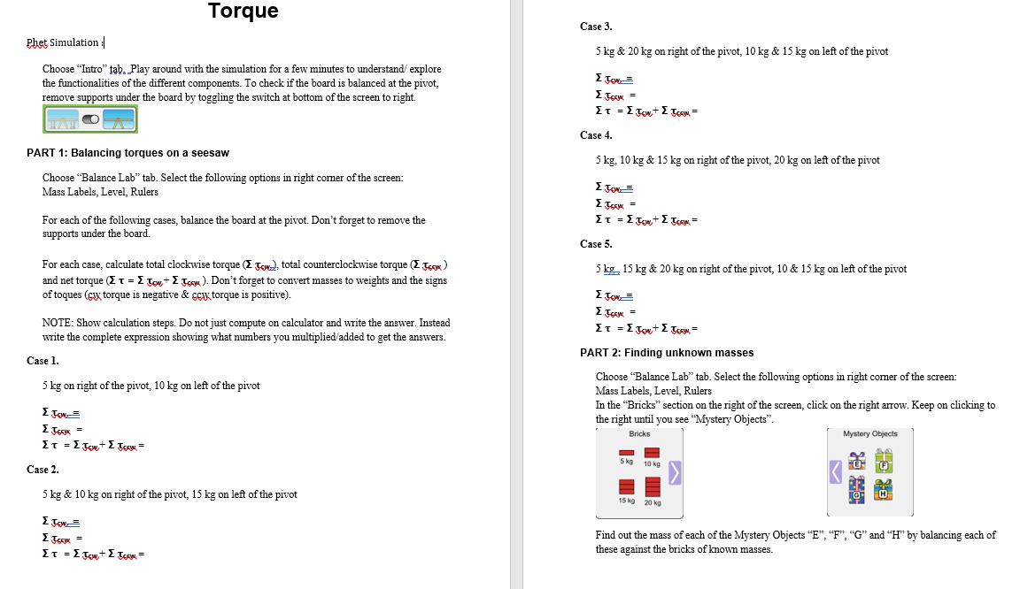 Torque Case 3. Phet Simulation : 5 kg & 20 kg on | Chegg.com