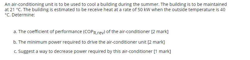 Solved An air-conditioning unit is to be used to cool a | Chegg.com