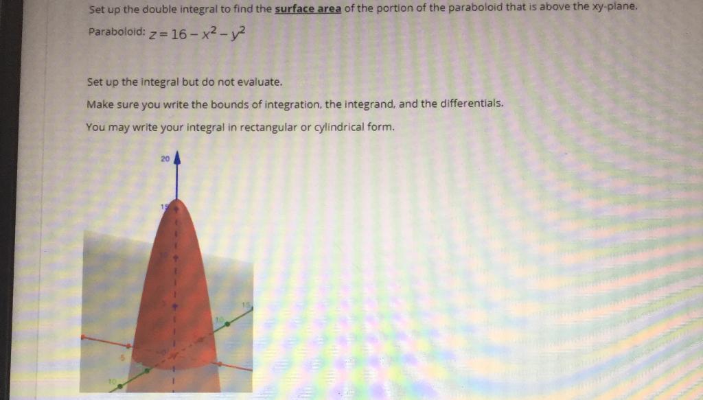 Solved Set Up The Double Integral To Find The Surface Area Chegg Com