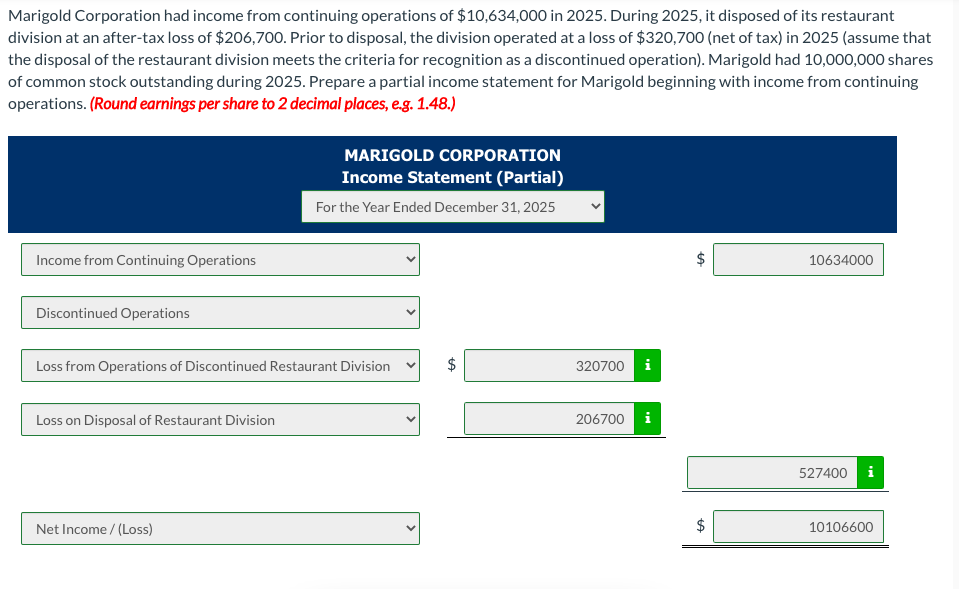 Solved Marigold Corporation had from continuing