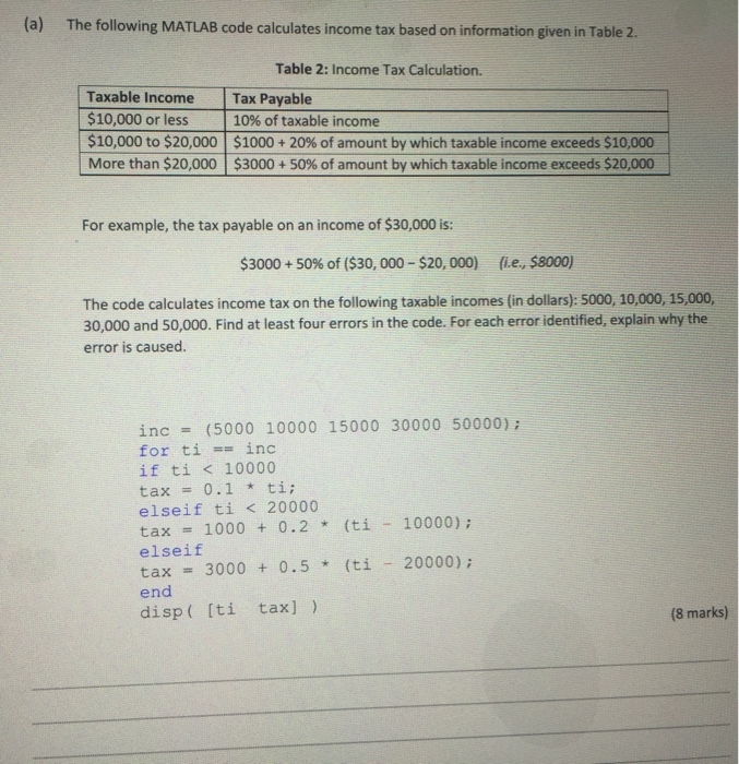 Solved (a) The following MATLAB code calculates tax