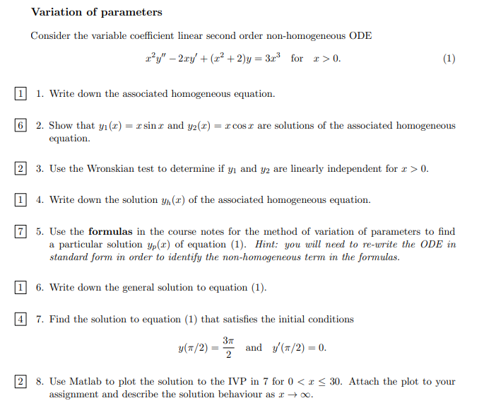 Solved Variation of parameters Consider the variable | Chegg.com