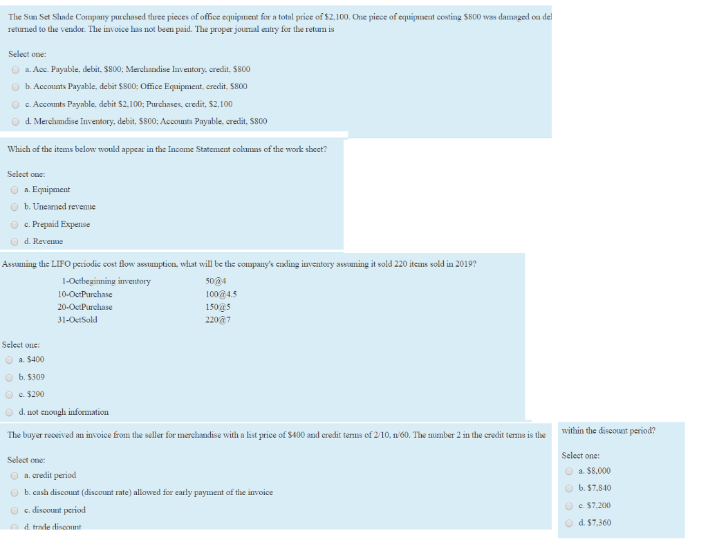 Solved The Sun Set Shade Company Purchased Three Pieces O Chegg Com