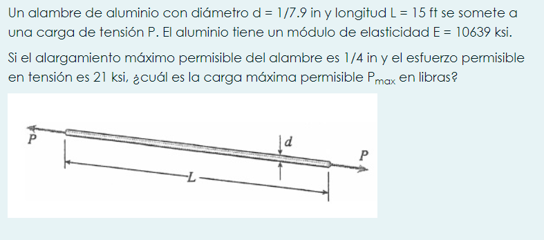 Un alambre de aluminio con diámetro \( d=1 / 7.9 \) in y longitud \( L=15 \mathrm{ft} \) se somete a una carga de tensión P.