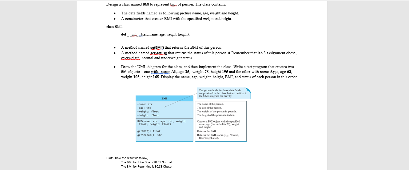 Solved Design A Class Named Bmi To Represent Bmi Of Perso Chegg Com