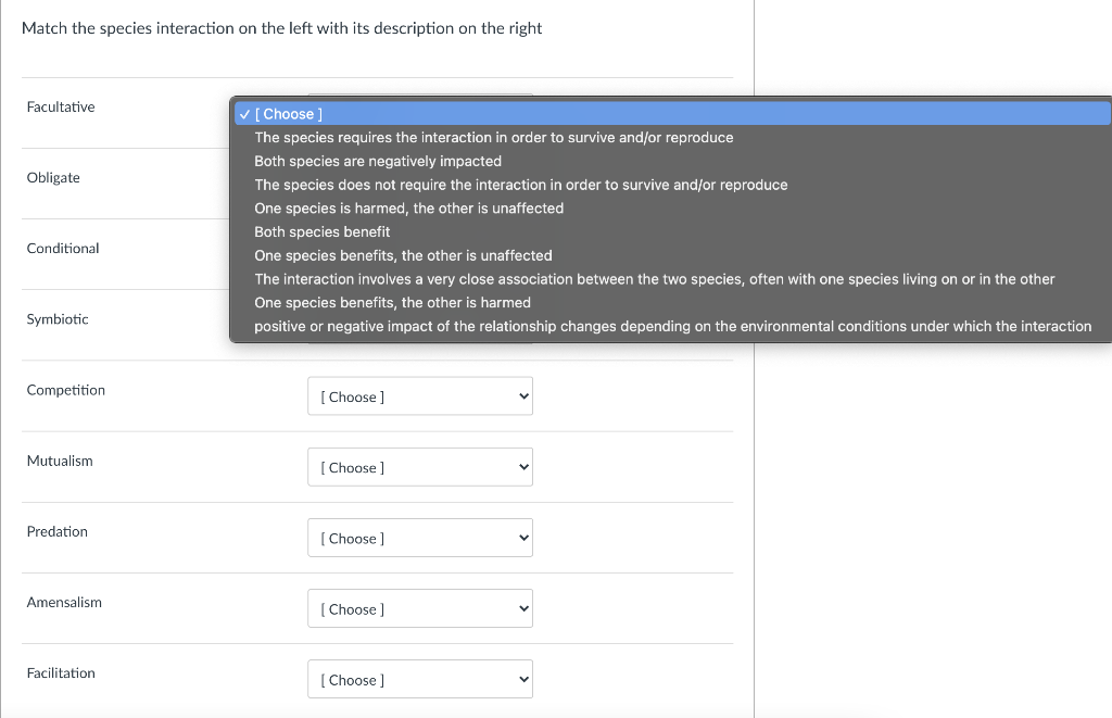 Solved Match the species interaction on the left with its Chegg com