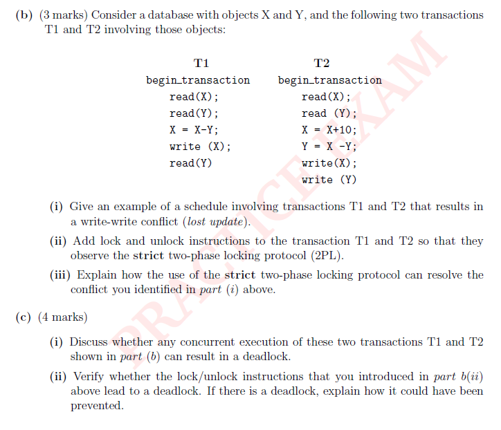 Solved (b) (3 Marks) Consider A Database With Objects X And | Chegg.com